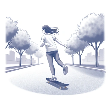 A person is skateboarding down an empty street. The skateboarder is in motion, with one foot on the board and the other foot raised slightly as they propel themselves forward. The street is lined with trees on either side, their leaves rustling in the wind. The person's hair is flowing freely behind them, suggesting a sense of speed and freedom. The scene is devoid of other people or vehicles, emphasizing the solitude of the moment. The ground is textured with asphalt, and the overall atmosphere conveys an active outdoor environment.