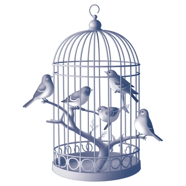 A birdcage with intricate metalwork is positioned prominently in the center. Inside, there are four birds perched on various levels of the cage. Three of the birds are singing, their beaks open as they produce sound, while the fourth bird sits quietly, observing the others. The birds vary in size and shape, adding visual interest to the scene. Delicate branches and leaves are placed inside the cage, providing a natural element to the environment. The overall composition conveys a sense of harmony and interaction among the birds.