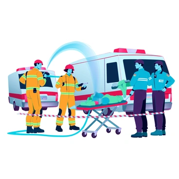 A group of firefighters in bright yellow uniforms is working diligently at the scene of an emergency. They are holding hoses and spraying water on a small fire, while one firefighter is giving instructions through a radio. Nearby, police officers in blue uniforms are cordoning off the area with caution tape and directing onlookers away from the scene. Paramedics in green uniforms are attending to an injured person on a stretcher, providing medical assistance. The background includes emergency vehicles with flashing lights, creating a sense of urgency and collaboration among the first responders.