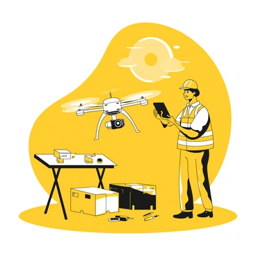 A technician wearing a safety vest stands beside a drone on a flat surface, preparing for a delivery flight. The technician is holding a tablet in one hand and examining the drone's components with the other hand. The drone features four propellers and is equipped with a delivery compartment underneath. Various tools are laid out on a nearby table, including a screwdriver and spare propellers. The technician's focused expression reflects the attention to detail required for the inspection process. Bright sunlight shines down, casting clear shadows on the ground.
