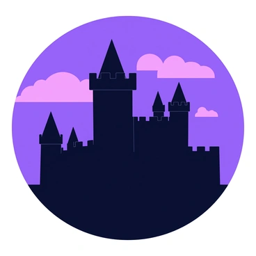 A silhouette of a castle with tall spires and battlements, outlined against a purple twilight sky. The castle features arched windows and a large main tower at the center. The sky is filled with varying shades of purple, fading into deep blue at the edges, with a few scattered clouds. The overall composition emphasizes the dark form of the castle standing majestically against the vibrant sky.