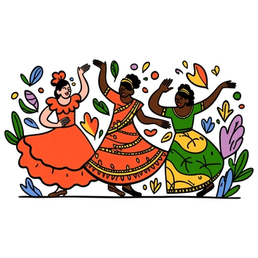 A vibrant scene featuring women from various cultural backgrounds celebrating their traditions. Each woman is dressed in distinctive attire that reflects her culture, showcasing intricate patterns and vibrant colors. One woman is wearing a flowing red flamenco dress with ruffles, capturing the essence of Spanish dance. Another woman, in a beautifully embroidered sari with gold accents, gracefully poses as if dancing classical Indian dance. A third woman, adorned in a colorful African kanga, sways rhythmically, embodying the spirit of traditional African dance. The background is filled with decorative elements representing different cultures, enhancing the festive atmosphere of the celebration.