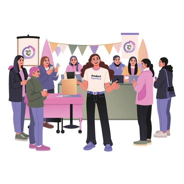 A brand ambassador stands at a booth, engaging with a diverse group of enthusiastic attendees. The ambassador is a young woman with long brown hair, wearing a branded shirt with "Product Experience" printed on it, and black jeans. She is smiling and gesturing as she shares her experiences with the product. Around her, attendees of various ages and backgrounds are listening intently, with expressions of curiosity and excitement. Some attendees are holding product samples, while others are taking notes or asking questions. Colorful banners displaying the product's logo are displayed in the background. The setting is an outdoor community event, with tables and chairs set up nearby and decorations in bright colors adding to the lively atmosphere.