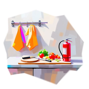 An illustration showcasing important kitchen safety tips. The image features a pair of brightly colored oven mitts hanging on the edge of a kitchen counter. A red fire extinguisher is prominently placed nearby, clearly labeled for easy visibility. Multiple cutting boards of various sizes and colors are arranged on the countertop, some with fresh vegetables neatly chopped and ready for preparation. The scene emphasizes an organized and safe kitchen environment, with each element positioned to highlight its safety significance.