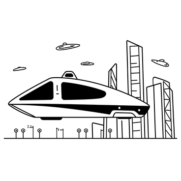 A sleek, futuristic taxi is hovering above the ground. The taxi has smooth, aerodynamic lines and a streamlined design, featuring large windows and a glowing emblem on its side. Below it, the cityscape is filled with tall, angular skyscrapers that reach into the sky. Some buildings have large glass panels reflecting the surrounding environment, while others sport intricate patterns on their surfaces. Various flying vehicles are seen in the background, navigating through the air, and there are futuristic streetlights along the ground, casting lines of light.