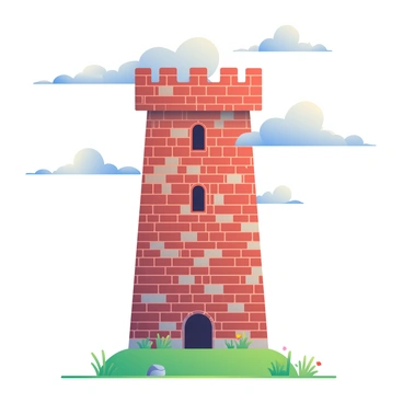 A tall brick tower of a medieval castle against a cloudy sky