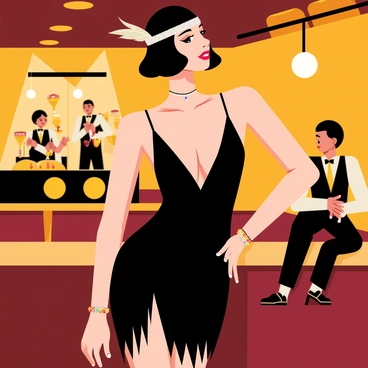 A 1920s flapper girl dressed in a fringed black dress is posing elegantly in a jazz club. She has short bobbed hair adorned with a sparkling headband featuring a feather. The background features a small stage with a jazz band playing, and there are tables with patrons enjoying drinks. Soft golden lighting casts a warm glow around the room, highlighting the flapper's confident expression and the excitement of the lively atmosphere.
