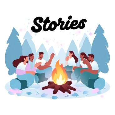 A group of friends is gathered around a glowing campfire under a starry night sky. The campfire emits a warm orange glow, illuminating the faces of the friends. One friend is animatedly gesturing while telling a story, and the others are leaning in, watching intently. They are sitting on logs arranged in a semi-circle around the fire. Behind them, tall trees rise against the night sky, and small sparks are floating upwards into the darkness. The ground is covered with leaves and twigs, creating a natural outdoor setting. "Stories" is written in a playful font above the group, surrounded by small twinkling stars.