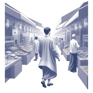 A traveler wearing a flowy kaftan is walking through a bustling bazaar. The kaftan has intricate patterns and flows gently with the movement. Stalls filled with various goods line the pathway, displaying an array of items such as spices, textiles, and handcrafted jewelry. Colorful awnings provide shade over the vibrant market, while people of diverse backgrounds interact and negotiate. Decorative lanterns hang from the stalls, adding to the lively atmosphere. The traveler observes their surroundings with curiosity, taking in the sights and sounds of the foreign place.