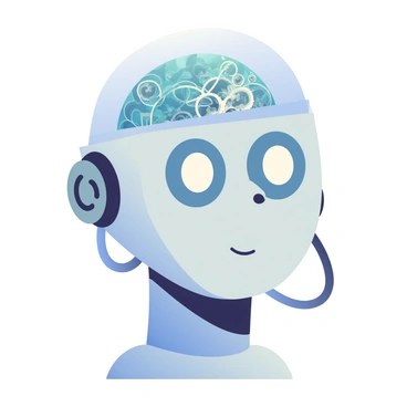 A robotic head with a transparent top revealing a mechanical brain