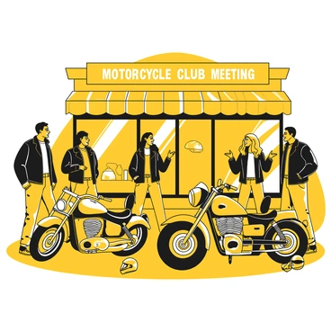 A group of five motorcycle enthusiasts stands outside a shop. Each person is dressed in black leather jackets and denim jeans. They are engaged in lively conversation, with two of them laughing and pointing at a custom motorcycle parked nearby. The motorcycles are sleek and shiny, showcasing various designs and chrome accents. A colorful banner with "Motorcycle Club Meeting" is hung above the shop entrance, and a few helmets are scattered on the ground around the group. The shop has large windows displaying motorcycle gear and accessories inside.