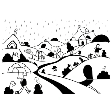 A landscape of Hobbiton under a gentle rain, with rolling green hills and quaint hobbit holes dotted throughout. Several hobbits are seen walking along the winding paths, each carrying "colorful umbrellas" above their heads to shield themselves from the rain. Smoky tendrils rise from chimneys, suggesting warm fires burning inside the hobbit holes. Puddles reflect the umbrellas and the soft outline of the hills, creating a tranquil scene. The atmosphere is lively yet cozy, capturing the daily life of hobbits in their idyllic setting.