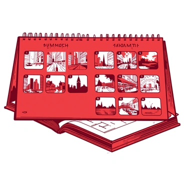 A calendar page featuring detailed urban sketches of different cities for each month
