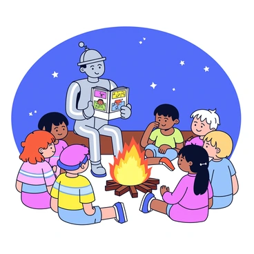 The Tin Man is sitting on a log next to a campfire, surrounded by a group of children. He is made of shiny metal with a loveable expression on his face. In his hands, he holds a colorful storybook, opened to a page filled with illustrations. The campfire crackles with bright orange and yellow flames, casting a warm glow on the faces of the children. They are sitting on the ground, eagerly listening, with some leaning closer to see the pictures in the book. The night sky above is dotted with stars.