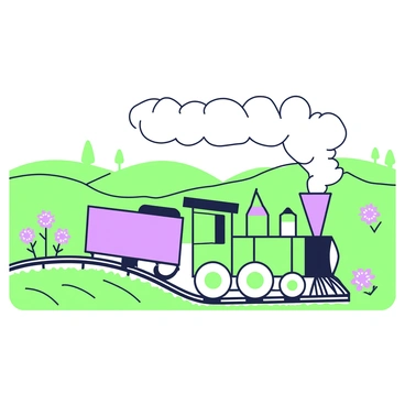 A steam locomotive is chugging along a winding track in the countryside. The locomotive has large, round wheels and a prominent smokestack, from which a trailing plume of vapor billows into the air. Lush green fields stretch on either side of the tracks, dotted with clusters of purple wildflowers. In the background, rolling hills rise gently, creating a serene backdrop. A few scattered trees can be seen on the horizon, adding to the rural charm of the scene.