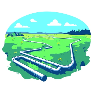 A network of natural gas pipelines is laid out across a vast open field. The pipelines are shiny and metallic, snaking through the grassy terrain with precision. The field is dotted with yellow wildflowers that contrast with the green grass. In the distance, there are a few scattered trees providing a backdrop. The sky above is a deep blue with a few white clouds, creating a vibrant atmosphere. The scene conveys the scale and complexity of the industrial infrastructure within a natural setting.
