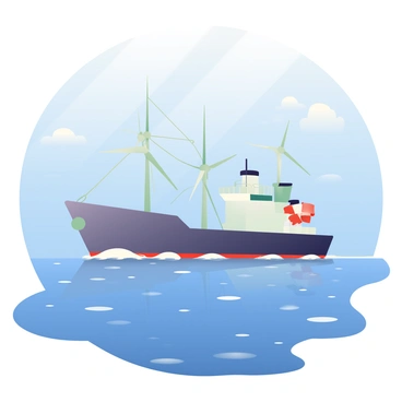 A large ship with a sturdy hull is sailing on open seas under a clear blue sky. The ship has several tall wind turbines installed on its deck, their blades rotating steadily in the breeze. The water around the ship is a deep blue, with gentle waves creating a rhythmic pattern. In the distance, small white caps are visible on the surface of the ocean. The ship is leaving a frothy wake behind as it moves forward, and the sun casts reflections on the water, creating a shimmering effect.