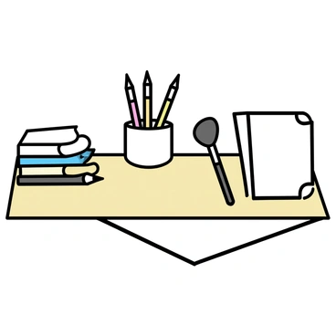 A neatly arranged display of illustration tools on a light wooden table. The scene includes a variety of pens positioned upright in a ceramic holder, showcasing a range of colors. Beside them, several paintbrushes of different sizes are laid out, the bristles facing up. There are sheets of smooth white paper stacked neatly, and a few sheets are slightly fanned out to reveal their crisp edges. The background is uncluttered, emphasizing the organization of the tools.