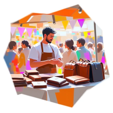 A leather merchant with medium skin and short black hair stands proudly at a craft fair booth, surrounded by an assortment of handcrafted leather bags and wallets. The merchant is wearing an apron over a casual shirt, displaying a selection of richly textured bags in various hues of brown and black. The wallets, neatly arranged on a wooden table, feature intricate stitching and embossed designs. The atmosphere is lively, with visitors browsing the vibrant surroundings of the craft fair, while colorful banners and decorations hang overhead. The merchant is engaging with a potential customer, showcasing the quality of the leather and discussing the craftsmanship involved in each piece.