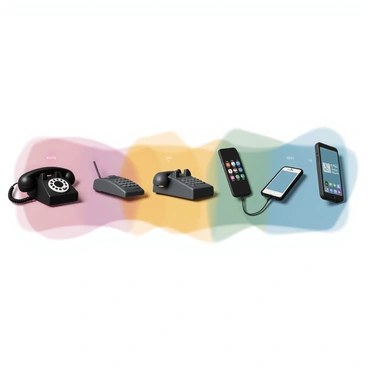 A timeline that illustrates the evolution of telephones. On the left, there is a detailed image of a "rotary phone" in black, featuring a circular dial and a receiver, placed against a vibrant, multicolored background. Moving right, the next image shows a "cordless phone" with buttons and an antenna, set against the same colorful backdrop. Further along the timeline, there is a "flip phone" with a sleek design, open to reveal its keypad, also on the colorful background. Continuing to the right, an "internet-enabled smartphone" is displayed, featuring a large touchscreen with visible app icons. Each phone is labeled with its name and year of introduction, all integrated seamlessly into the colorful design of the timeline.