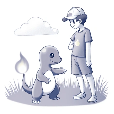 A Charmander standing confidently with its tail flame gently flickering. It has bright eyes and a cheerful expression, showcasing its playful nature. Beside it stands a trainer, a young person wearing a casual outfit with a cap, smiling down at the Charmander. They are surrounded by tall blades of grass swaying in the breeze. In the background, a clear sky stretches above, and a few fluffy clouds are scattered. The scene captures the bond between the trainer and Charmander in a vibrant outdoor setting.