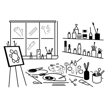 An artist's workshop filled with various tools for crafting. There are brushes of different sizes arranged neatly on a table. Shelves lined with jars of paint and palettes, showing an array of mixing colors. A wooden easel stands in the corner with a partially completed canvas, and scissors, pencils, and rulers are scattered across the workspace. The walls are adorned with sketches and inspiration pieces. A large window allows natural light to illuminate the space, casting shadows across the tools and materials.