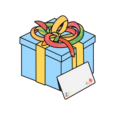 A colorful friendship bracelet made of various threads is neatly placed in a small, square gift box. The box features a light blue exterior with a shiny surface. A vibrant, multi-colored bow sits atop the box, adding an extra touch of decoration. Next to the box, there is a small rectangular card, decorated with playful designs, resting on the gift box. The card is blank, ready for a personal message. The overall composition evokes a cheerful and inviting atmosphere.