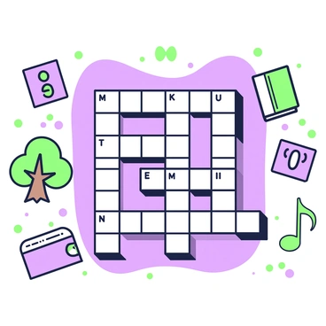 A crossword puzzle is displayed prominently in the center of the image. Each square of the puzzle is filled with letters, creating a grid pattern. Surrounding the puzzle are small, detailed illustrations that represent each clue. For example, one illustration features a green tree, another showcases a purple book, and a third displays a green musical note. The puzzle squares have a prominent black outline to emphasize their shape. The overall composition includes a few green and purple accents throughout to tie the illustrations together.