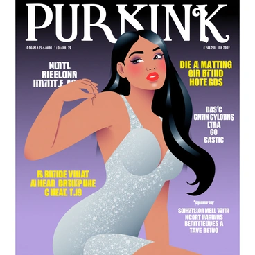 A model with long, flowing black hair is striking a dynamic pose on the cover of a magazine. She is wearing a shimmering silver dress with intricate beadwork that catches the light. Her makeup is bold, featuring dark eyeliner and a bright red lip. The background is a deep purple gradient that fades into black towards the edges. The magazine title, styled in large, white, elegant typography, is positioned at the top, while bold headlines in a mix of bright yellow and white are placed around her, drawing attention to the featured articles. The model's confident expression conveys a sense of power and allure.