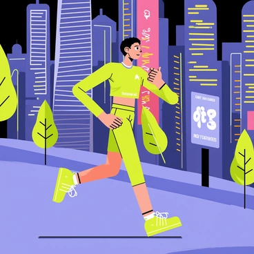 A runner wearing a bright green athletic outfit is checking their smartwatch while jogging. The smartwatch displays various fitness stats in vibrant colors. The runner is moving along a futuristic cityscape filled with sleek, tall buildings made of glass and metal. Neon lights illuminate the streets, casting colorful reflections. There are several digital billboards displaying advertisements in the background. The ground is made of smooth pavement, and a few trees with glowing leaves line the jogging path.