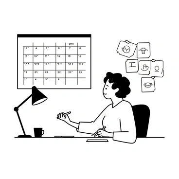 An illustrator sitting at a cluttered desk, surrounded by multiple sketches taped to the walls and laid out on the desk. The illustrator, a middle-aged person with short, curly hair, is focused on juggling several tools: a pencil in one hand, an eraser in the other, and a sketchpad in front of them. A large wall calendar hangs prominently, filled with various deadlines marked in bold notes. Nearby, there is a coffee cup and a lamp casting light over the workspace.