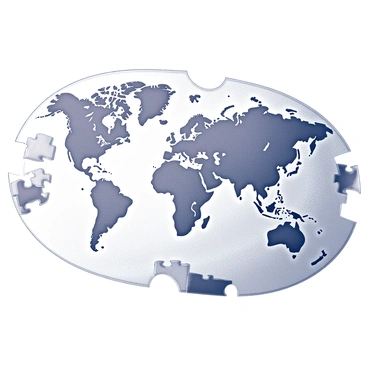 A detailed puzzle map of the Earth is displayed, with individual pieces of the puzzle shaped like various continents and regions. Each piece features intricate designs that symbolize different cultures and habitats. For instance, one piece includes traditional patterns and landmarks from Asia, while another piece showcases the vibrant wildlife and natural elements of Africa. The puzzle is laid out on a textured surface, with some pieces connected and others waiting to be placed. The overall composition highlights the diversity of the planet, emphasizing the importance of each culture and habitat represented in the puzzle.