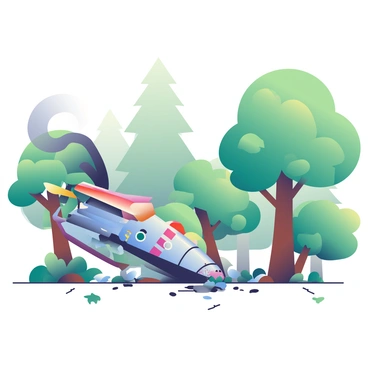 An alien spaceship is crash-landing in a dense forest. The ship is metallic and sleek with various colors reflecting off its surface. Several trees are smashed in its path, their broken trunks and scattered branches lying on the ground. Dark smoke is rising from the damaged ship, partially obscuring the view of the forest. In the background, tall trees with green foliage stand unaffected, creating a stark contrast to the destruction in the foreground. The ground is littered with leaves and debris from the crash, and there are small animal tracks visible in the soil.