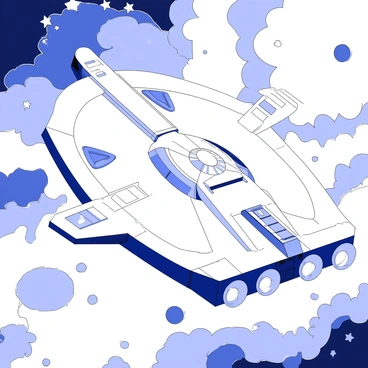 The Millennium Falcon is flying through a nebula. The spaceship has its distinctive saucer-shaped body and three engines glowing at the back. The cockpit is visible with its hexagonal windows. The nebula is filled with swirling patterns and intricate formations. The environment around the ship is dynamic, with various celestial features like stars and gas clouds. The scene showcases the movement of the Millennium Falcon as it navigates through this cosmic landscape.