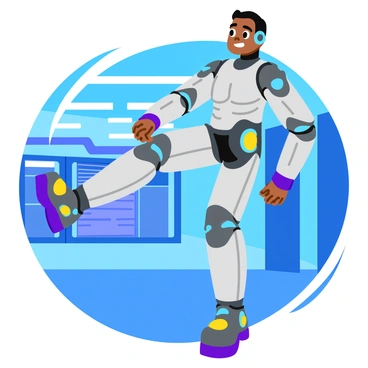A sleek, metallic robot with a chrome finish is performing leg extensions with mechanical precision. The robot has articulated joints glowing with blue lights at each hinge, showcasing advanced engineering. Its legs are elongated, featuring an intricate design of gears and pistons that move seamlessly as it executes the exercise. The background consists of a high-tech gym environment, with digital screens showing workout metrics and futuristic equipment lined along the walls.