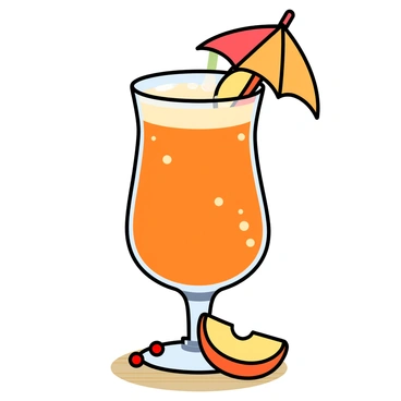 A tall, clear glass filled with a vibrant peach cocktail, showcasing a rich orange color with a slight froth at the top. The glass is decorated with a small, colorful paper umbrella tilted to one side. A slice of fresh peach is placed on the rim of the glass, while a few cherries are nestled beside the umbrella. The cocktail rests on a light wooden surface, and there are droplets of condensation on the outside of the glass, enhancing its refreshing appearance.
