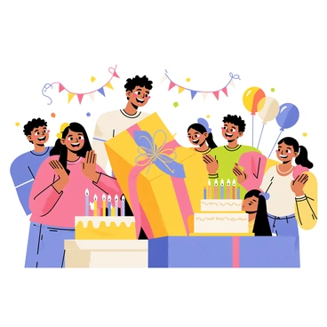A customer with a big smile is unwrapping a brightly wrapped present at a birthday party. The present has colorful ribbons and a shiny bow on top. Surrounding the customer are several friends, each displaying expressions of excitement and joy. One friend is clapping their hands, while another is leaning in closer to see what is inside the gift. The background is filled with festive decorations, including balloons and streamers. A table nearby is adorned with a large birthday cake, candles lit and ready for celebration.