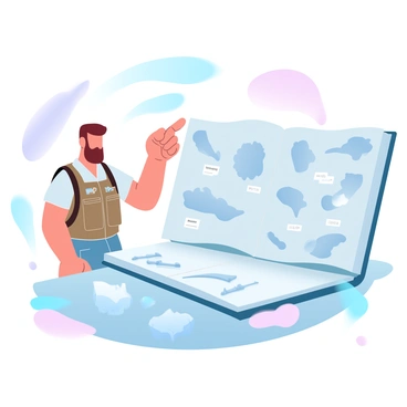 A paleontologist is standing next to a large, open book displaying illustrations of various dinosaur fossils. The paleontologist is wearing a khaki vest with multiple pockets filled with tools and is holding a small fossil in one hand while pointing to an illustration in the book with the other hand. Around the paleontologist, there are several dinosaur fossil specimens displayed on a table, each labeled with tags. The background includes a few fossils embedded in rocks, along with geological tools scattered around.
