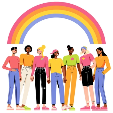 A vibrant arc of rainbow colors stretches across the image, showcasing a spectrum of shades from red to violet. Below the rainbow, a group of women of varying ethnicities and styles stands together, each adorned in colorful clothing that reflects the colors above. Their expressions are joyful and proud, celebrating diversity and beauty. Each woman has unique features, hairstyles, and accessories that highlight individuality, while they hold hands to symbolize unity and strength among them. The scene is set against a bright, sunny sky to enhance the vividness of the colors.