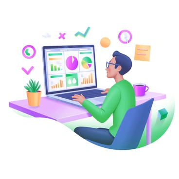 A modern pastel illustration depicting a designer sitting at a sleek desk, focused on constructing an infographic on a laptop. The screen displays various data points, colorful pie charts, and bar graphs. Surrounding the designer are graphic elements like icons, arrows, and sticky notes in pastel colors. A potted plant and a coffee cup are placed on the desk, adding to the workspace ambiance. The designer is wearing glasses and appears engaged in the creative process.