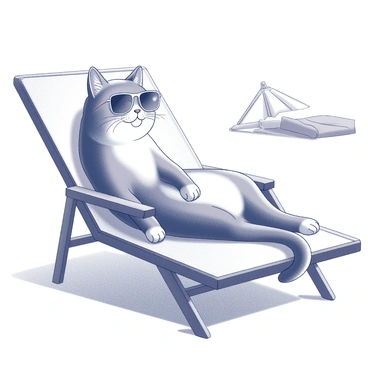 A cat with a sleek fur coat is lounging comfortably on a beach chair. The cat is wearing oversized sunglasses that sit on its face, emphasizing its cool demeanor. The beach chair is positioned in a relaxed reclined position, with the cat stretched out on it. The surrounding area includes gentle waves in the background and a few beach-related items like a sun umbrella and a towel, adding context to the scene.