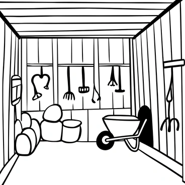 The interior of a rustic barn with wooden walls, displaying an assortment of farm tools hanging neatly. There are several hay bales stacked in one corner, creating a cozy atmosphere. Sunlight streams through small gaps in the walls, illuminating the dust particles in the air. A wooden pitchfork leans against the wall, and a large wheelbarrow is positioned nearby, adding to the farm-like setting.