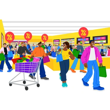 A group of excited shoppers rushing through a brightly lit store during a "Black Friday" sale event. Some shoppers are pushing shopping carts overflowing with colorful items, while others carry bags filled with various products. The store is decorated with big red and yellow signs indicating discounts and special offers. Shoppers exhibit a range of expressions, from joy to determination, as they navigate the crowded aisles filled with merchandise, including electronics, clothing, and toys. Bright overhead lights illuminate the bustling scene, enhancing the sense of urgency and excitement in the air.