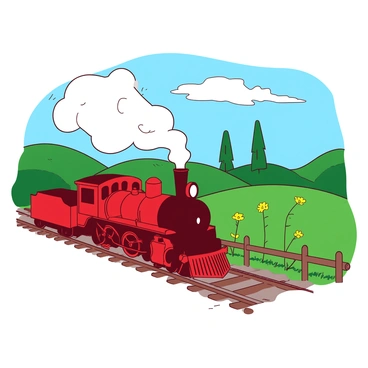 A red steam train is chugging through a green countryside landscape. The train is billowing white smoke from its chimney, creating a beautiful contrast against the clear blue sky. Rolling hills adorned with vibrant yellow wildflowers are visible on either side of the tracks. A few tall trees stand in the background, and a rustic wooden fence runs alongside the train tracks, completing the picturesque scene.