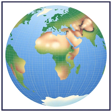 A large mosaic is composed of countless colorful tiles, each meticulously arranged to depict an aerial view of Earth. The blue oceans are represented with varying shades of blue tiles, while the continents are illustrated with green, brown, and tan tiles to indicate forests, mountains, and deserts. The polar ice caps are composed of white and light blue tiles, creating a striking contrast with the vibrant colors of land and sea. The mosaic is framed with a dark border that highlights the intricate details of the tiles, capturing the beauty of the planet from a bird's-eye perspective.