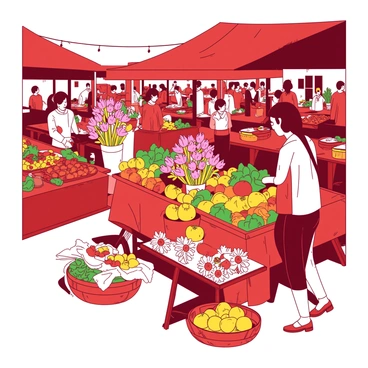 A bright red farmer's market is bustling with activity as shoppers explore various stalls. Each stall is overflowing with fresh produce, including bright yellow tomatoes, lush green lettuce, and vibrant orange carrots. Colorful bouquets of flowers are prominently displayed, featuring a mix of pink tulips and white daisies. The market is filled with people chatting and examining the goods, while sunlight casts lively shadows on the ground. Baskets are filled with seasonal fruits, and there are wooden tables showcasing homemade goods.