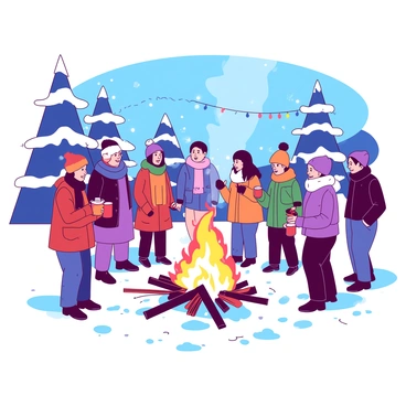A group of people dressed in warm winter clothing is gathered around a large bonfire at a snowy winter festival. The flames of the bonfire are flickering, casting a warm glow on the faces of the attendees. Snowflakes are gently falling around them, accumulating on the ground and creating a thick blanket of snow. In the background, there are decorated trees with colorful lights, adding to the festive atmosphere. Some individuals are holding mugs of hot drinks, while others are standing close together, sharing stories and laughter. The scene captures the sense of community and celebration amidst the winter landscape.