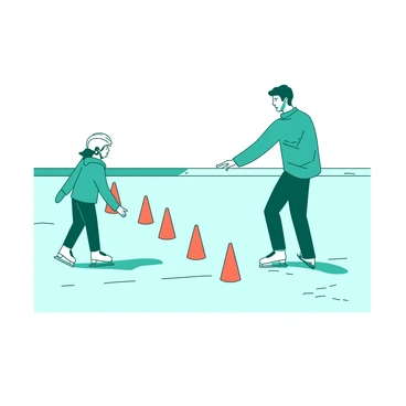 A coach guiding a young skater through practice, with cones set up on the ice.