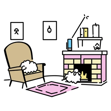 A cozy vintage parlor featuring a wooden armchair with a floral-patterned cushion, positioned near a brick fireplace. A fluffy sheep with a white coat is comfortably settled on the armchair, its head resting on the edge. The walls are adorned with framed pictures and a small bookshelf filled with antique books. A warm glow from the fireplace illuminates the scene, casting gentle shadows around the room. A patterned rug is laid on the wooden floor, adding to the inviting atmosphere.