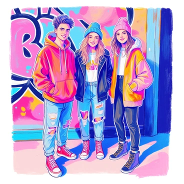 A group of three friends stands together in an urban environment. One friend is wearing a bright red hoodie, paired with torn denim jeans and high-top sneakers. Another friend sports a black leather jacket, graphic t-shirt, and stylish joggers. The third friend has on a colorful oversized sweater, a beanie, and combat boots. Behind them, a vibrant graffiti mural covers the wall, featuring bold colors and intricate designs. The friends are smiling and posing confidently, reflecting their trendy urban fashion.